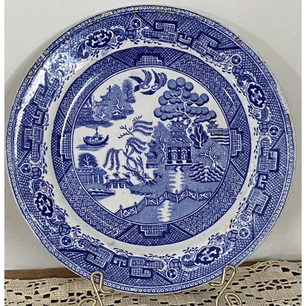 Antique Blue Willow Bird Transfer Plate 9" Chinese Landscape Original England